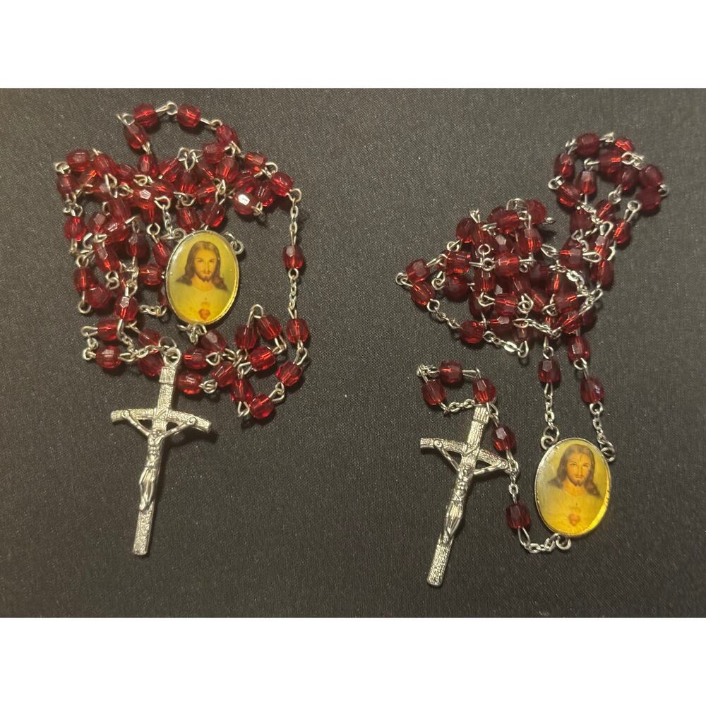 Lot of 2 20in Vintage Plastic Red Bead Rosary